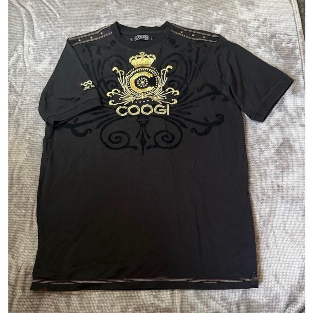 COOGI Mens XL Black Gold Embroidered Crown Crest Velvet Flocked T-Shirt Studded